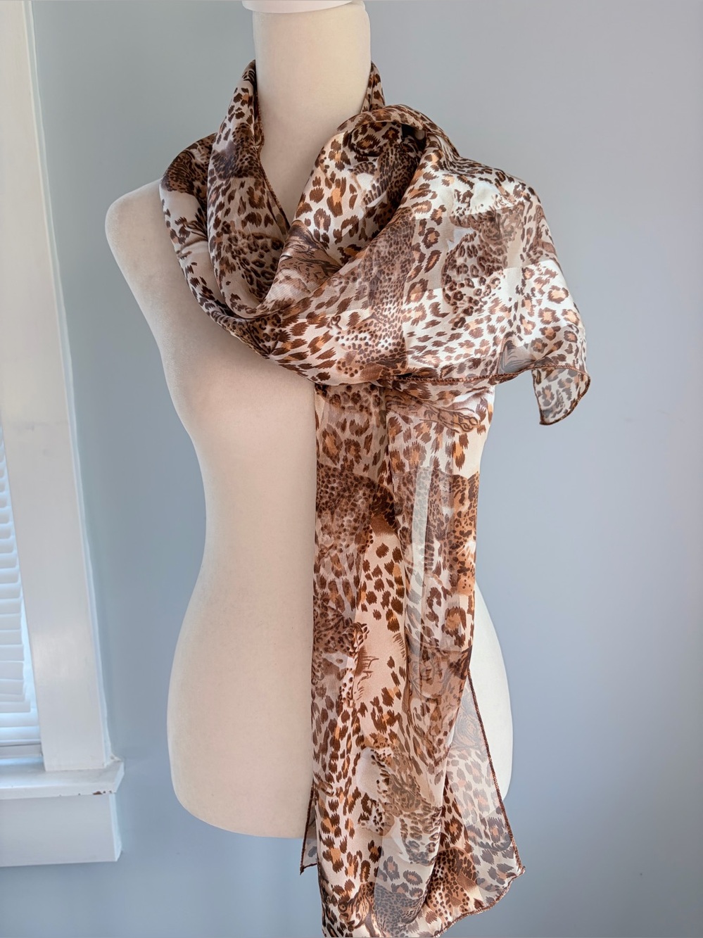 Sheer Lightweight Leopard Animal Print Scarf Brown & Cream OS